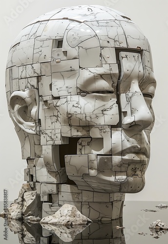A fragmented, marble-like sculpture of a human head