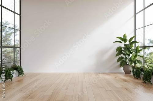 Bright minimalist interior with wooden floor, large windows, and green plants. Perfect for modern home decor or design inspirations. © KanitChurem