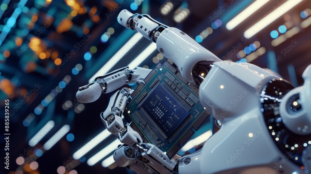Advanced robot arm holding high tech cpu chip industrial manipulator with super computer processor Advanced robot arm holding high tech cpu chip industrial manipulator with super computer processor