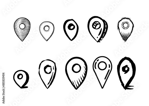 Hand drawn Map pins, doodle navigation, sign location. Set isolated on white background. 