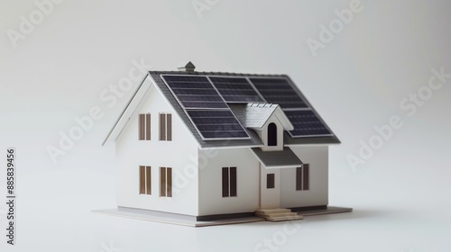 miniature house model with solar panel on roof on white background. smart home energy saving concept