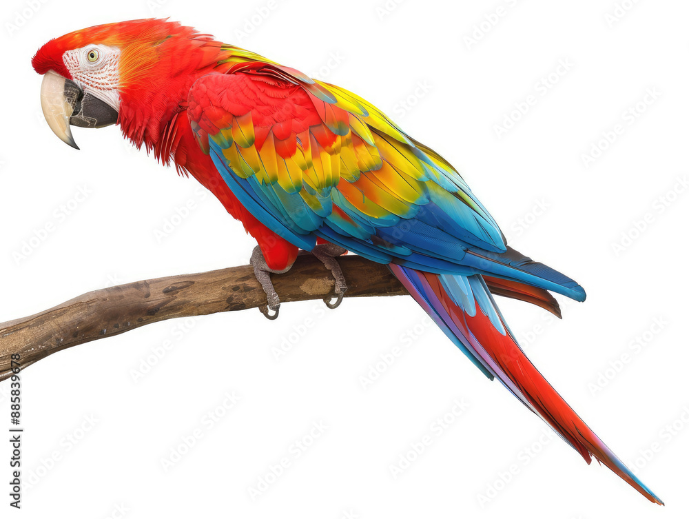 Fototapeta premium Vibrant Scarlet Macaw Parrot Perched on Branch Isolated on White Background