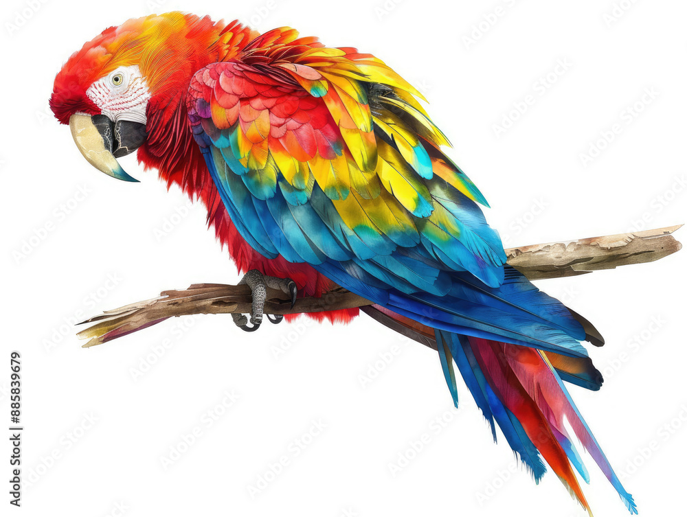 Obraz premium Vibrant Scarlet Macaw Perched on Branch with Colorful Feathers on White Background