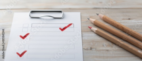 Wallpaper Mural Clipboard with checklist and three pencils on wooden desk, symbolizing organization, productivity, and task completion. Torontodigital.ca