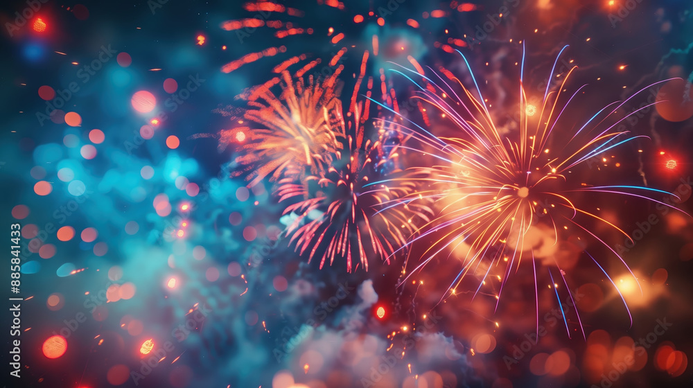 A vibrant explosion of fireworks in the night sky, Colorful fireworks lit up the night sky, with red and blue colors. background. 4th july
A vibrant explosion of fireworks in the night sky, Colorful fireworks lit up the night sky, with red and blue colors. background. 4th july