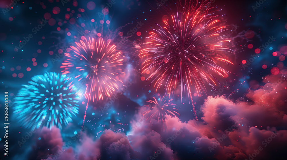 A vibrant explosion of fireworks in the night sky, Colorful fireworks lit up the night sky, with red and blue colors. background. 4th july
A vibrant explosion of fireworks in the night sky, Colorful fireworks lit up the night sky, with red and blue colors. background. 4th july