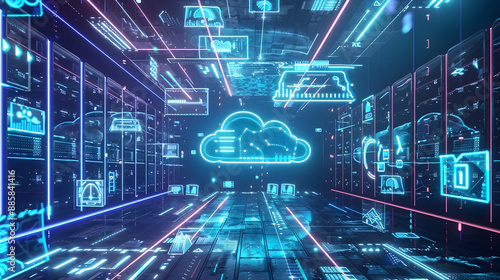 Futuristic digital illustration cloud computing concept. blue Technology AI data flow storage processing devices laptop server cyber security computer circuit connectivity information transfer 