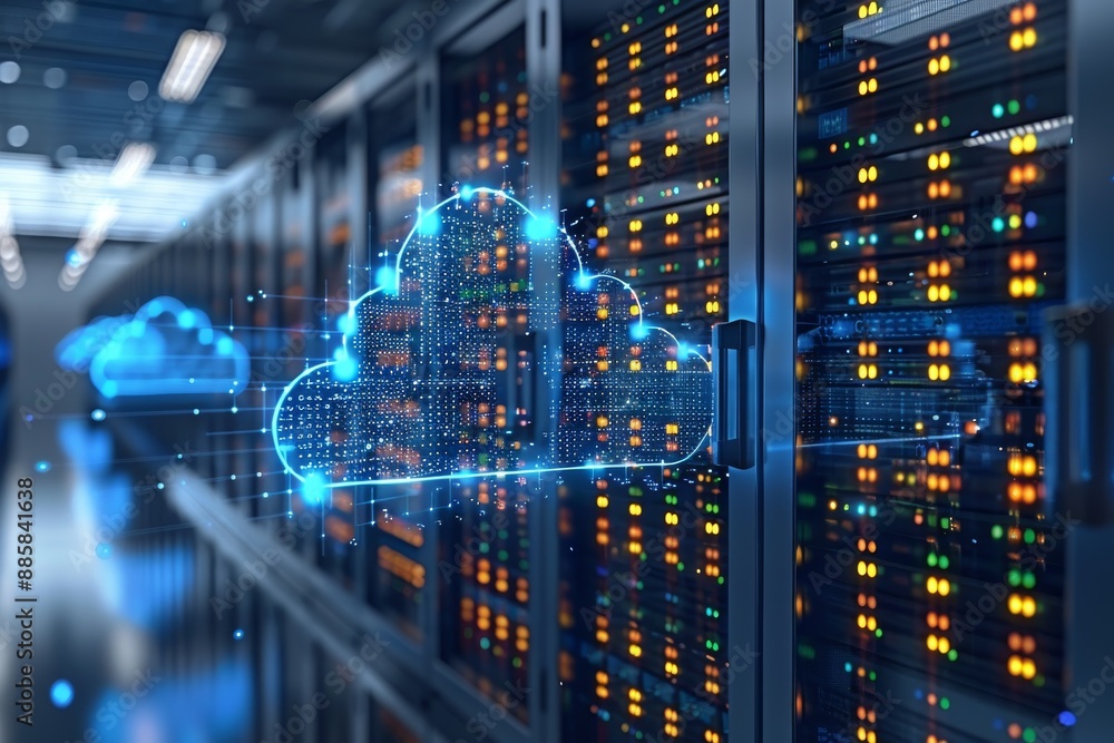 Obraz premium Data Center Servers With Cloud Computing Symbol