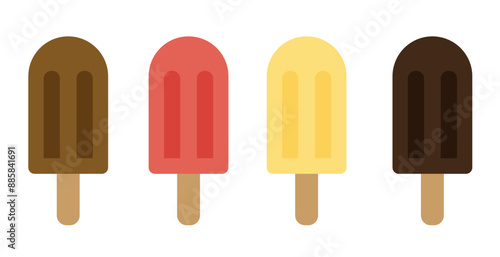 Vector de paletas de helado de dulce de leche, frutilla, vainilla y chocolate con estilo minimalista.