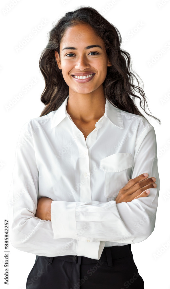 Young Polynesian business woman in her 20s wearing a white shirt, smiling confidently with arms crossed. Young Polynesian business woman in her 20s wearing a white shirt, smiling confidently with arms crossed.