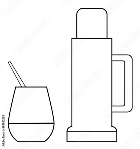Vector de mate con termo en blanco y negro con estilo minimalista. Icono latinoamericano.
