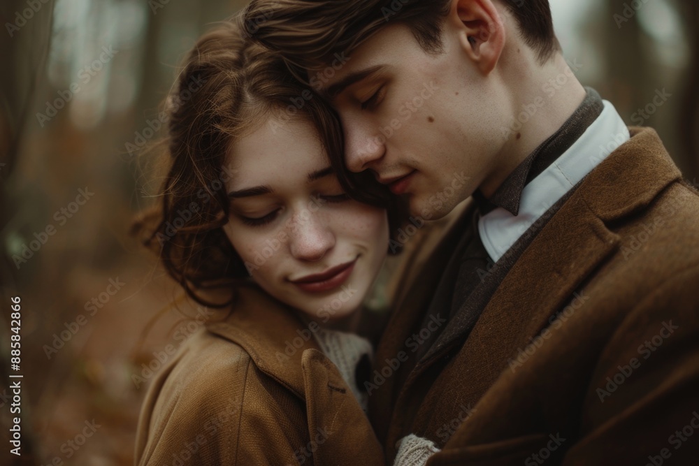 A couple embracing in a forest setting, with trees and foliage surrounding them A couple embracing in a forest setting, with trees and foliage surrounding them