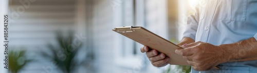 Close-up of a person holding a clipboard outside a house, possibly conducting an inspection or survey in a residential area.