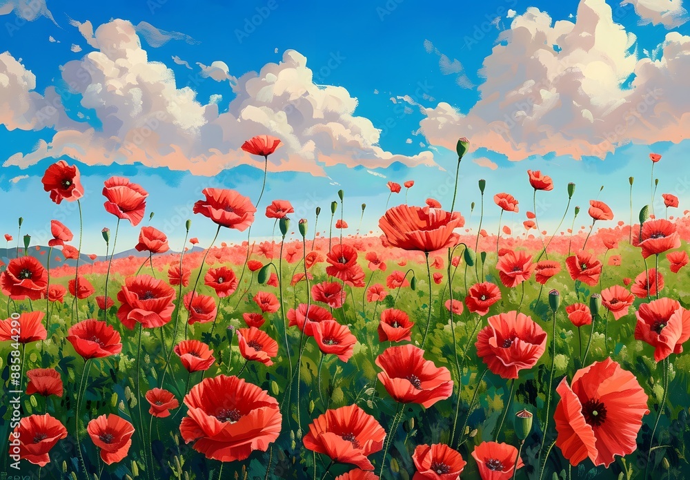 Fototapeta premium Vibrant Red Poppies Field Under Blue Sky