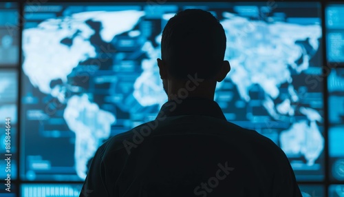 Silhouette of a manager analyzing logistics data on a large screen, Silhouette technology logistics manager innovation, Big data logistics