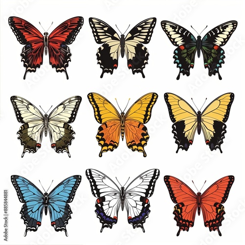 Colorful Butterfly Set Illustration with Detailed Wings â€” Perfect for Nature and Wildlife Graphics, Textile Patterns, and Stationery © Qstock