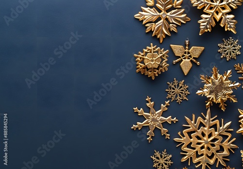 Gold Snowflake Christmas Decorations on Blue Background