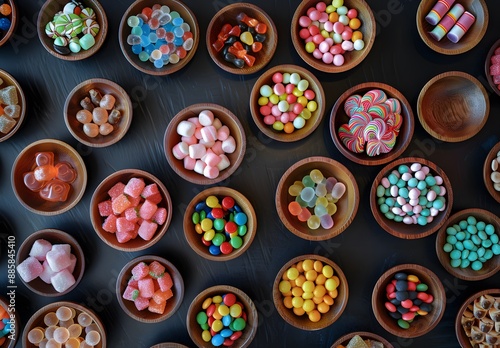 Colorful Candy Flat Lay in Wooden Bowls