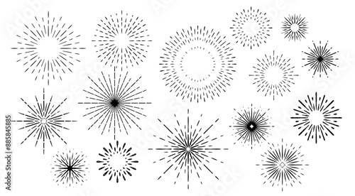 Set of sunburst design elements. Hand drawn Rays of sun. Vintage frames for badges, logos and labels. Vector illustration.
