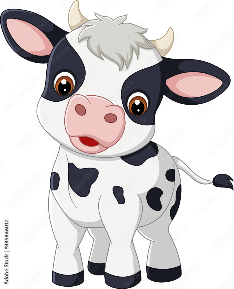 Naklejka premium Cute cartoon cow smiles, showcasing big eyes and spots