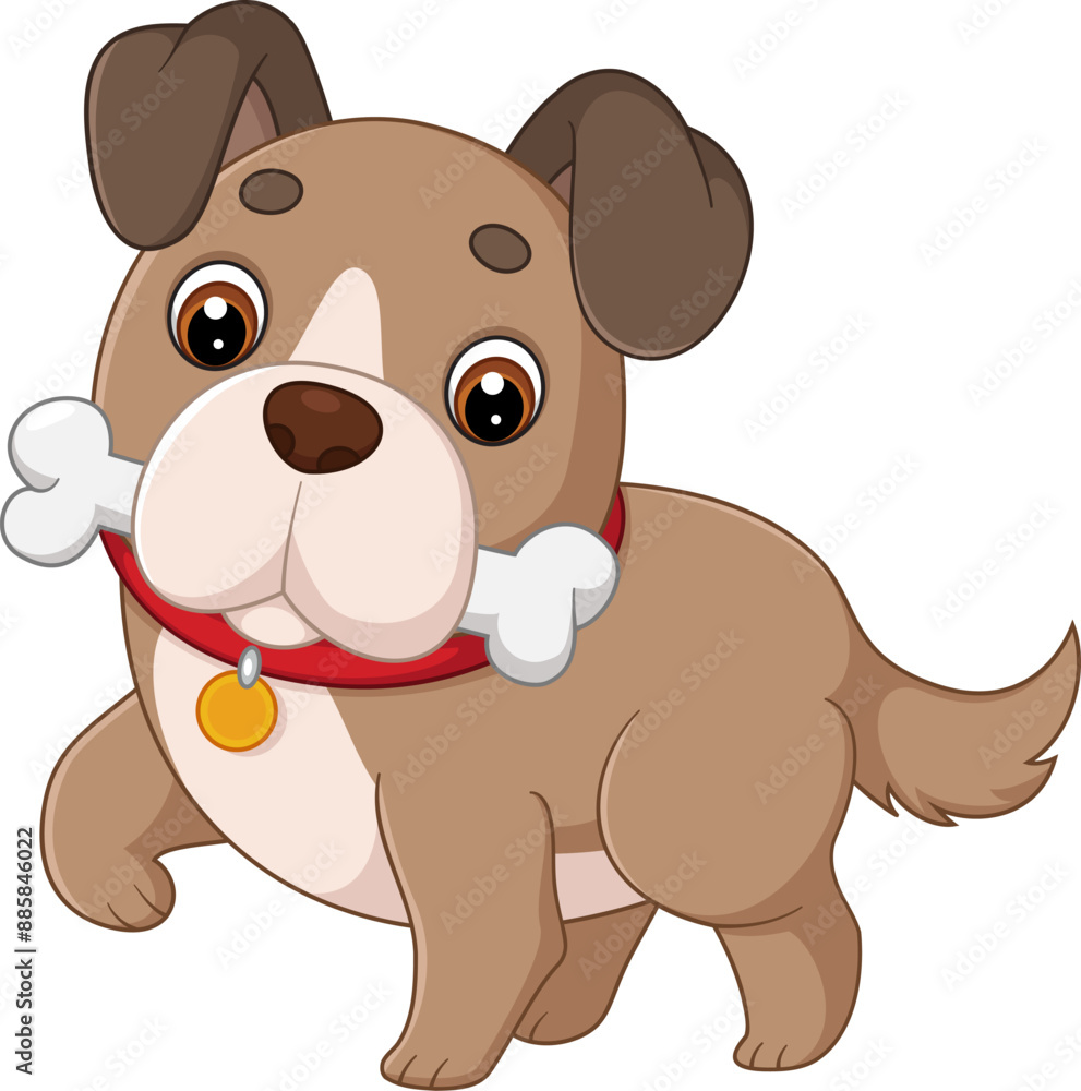 Obraz premium Dog walks with bone in mouth, tail wagging