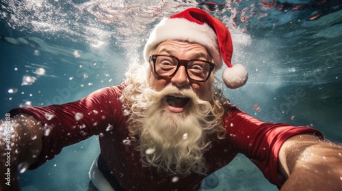 Santa Claus swim and relax in blue transparent pool water. Merry Christmas and Happy New Year travel destinations concept. photo