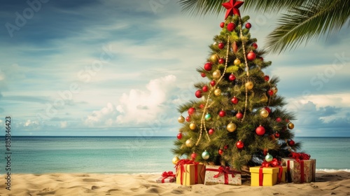Decorated Christmas tree standing by the sea shore under cloudy skies.