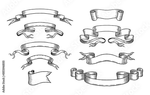 Set of different ribbons. Design icons for greeting cards, banners, invitations. Hand drawn design element. Ink, clipart Sketch, vector illustration. 
