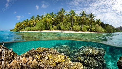 tropical island and coral reef split view with waterline photo