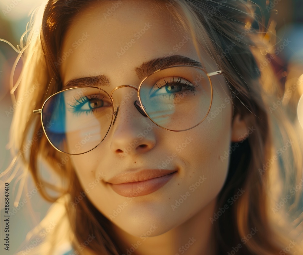 Happy Woman Smiling in the Sunset Wearing Glasses - Close-Up Portrait Photograph Happy Woman Smiling in the Sunset Wearing Glasses - Close-Up Portrait Photograph