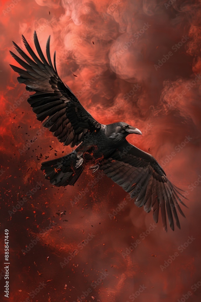 Obraz premium A large black bird is seen flying through a cloudy sky, offering a dramatic and atmospheric scene