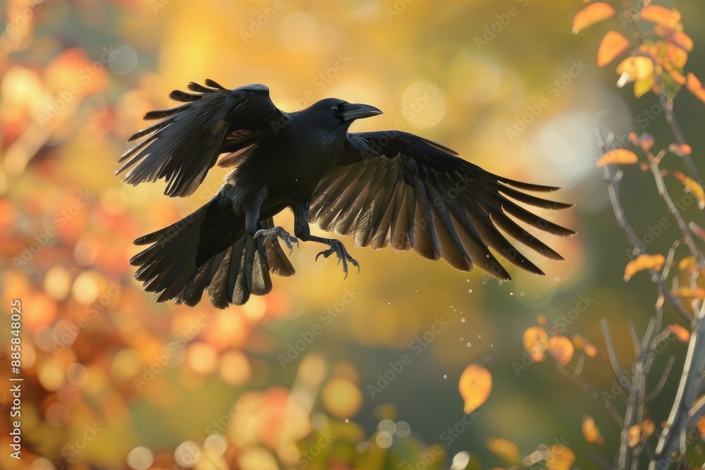 Fototapeta premium Large black raven is flying in the forest with its wings spread