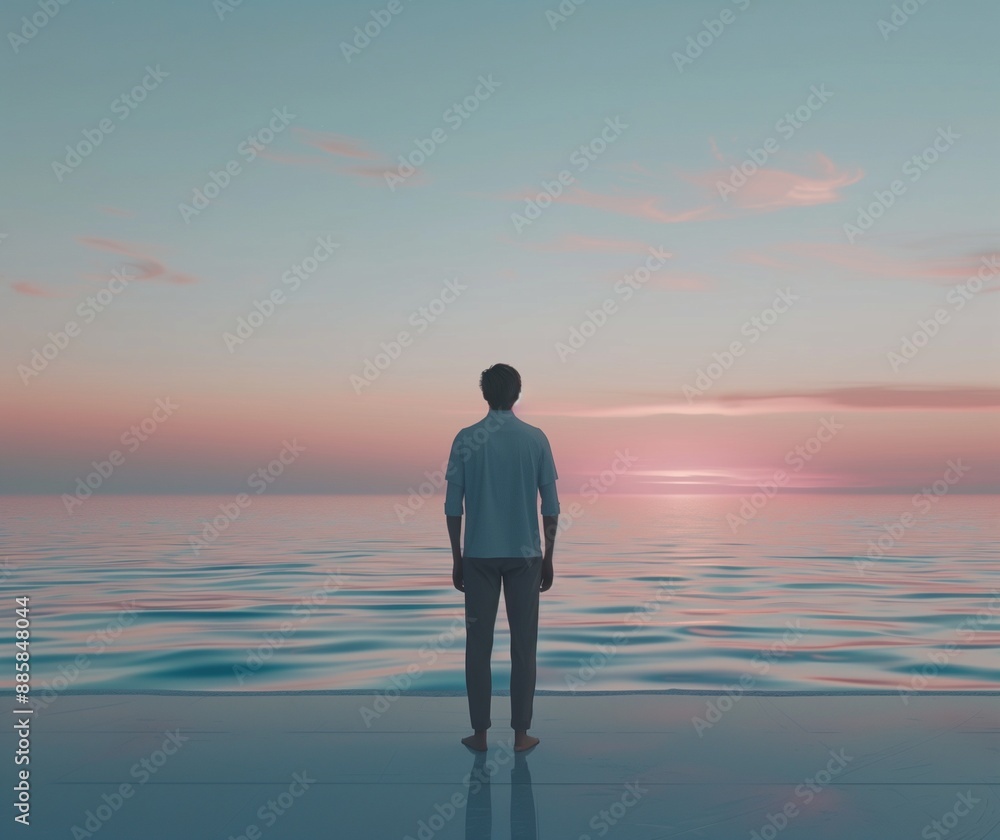 Man Standing Alone at Serene Beach Sunset Contemplating Nature’s Beauty – Peaceful Seaside Scene Man Standing Alone at Serene Beach Sunset Contemplating Nature’s Beauty – Peaceful Seaside Scene