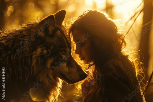 A woman stands next to a wolf in a forest setting