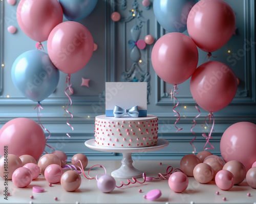 Festive Birthday Card Mockup on Pastel Table with Balloons and Streamers for Custom Greetings photo