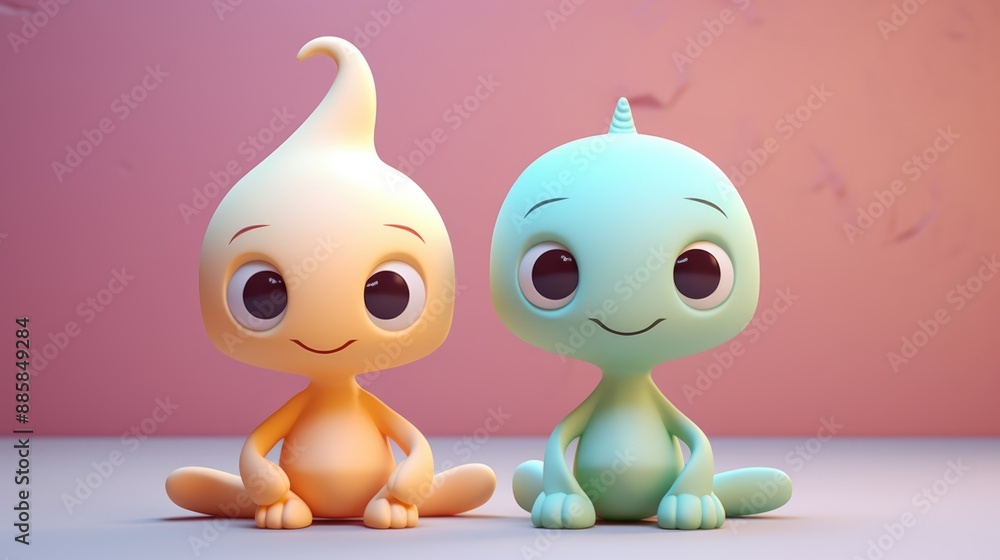 Obraz premium Two cute and colorful cartoon monsters with big eyes, perfect for kids storybooks