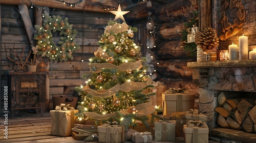 Christmas tree decorated with natural ornaments, showcasing a rustic and eco-friendly holiday theme. Perfect for themes of nature, sustainability, and festive cheer photo