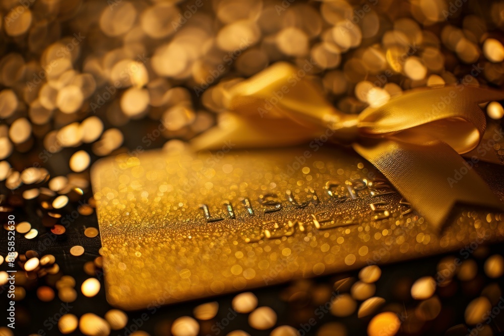 Golden gift card with a golden ribbon tied in a bow is lying on a glittering surface Golden gift card with a golden ribbon tied in a bow is lying on a glittering surface