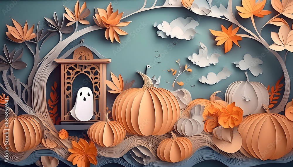 custom made wallpaper toronto digitalPapercraft Halloween Scene with Ghost and Pumpkins