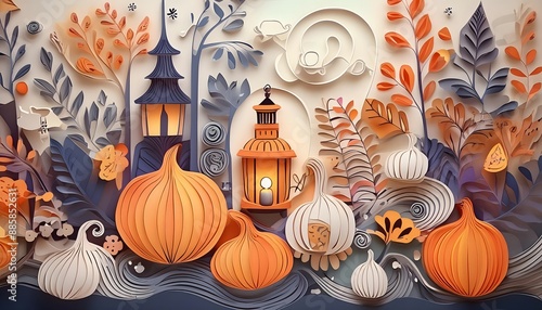 Wallpaper Mural Paper Art Forest with Pumpkins and Lanterns Torontodigital.ca
