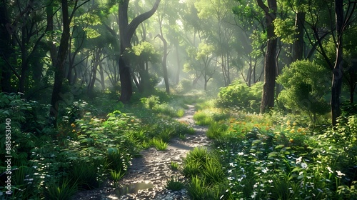 Sunlit forest path with lush greenery, wildflowers, and trees casting dappled light. A serene, enchanting woodland scene filled with vibrant plant life. photo