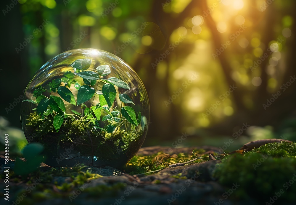 Glass Sphere With Green Leaves And Moss In Forest Glass Sphere With Green Leaves And Moss In Forest