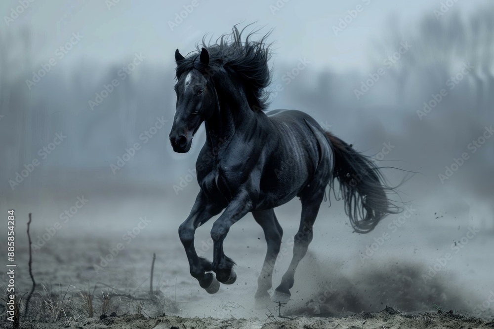 Powerful black stallion with long mane galloping through a misty field Powerful black stallion with long mane galloping through a misty field