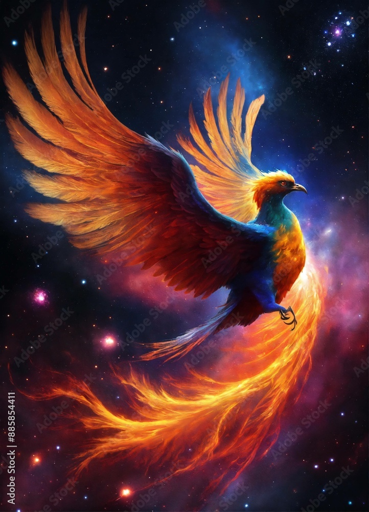 Fototapeta premium Nebula phoenix description the nebula phoenix is a cosmic bird with wings that resemble swirling galaxies, witness the physics of space and time as it flaps through the digital cosmos