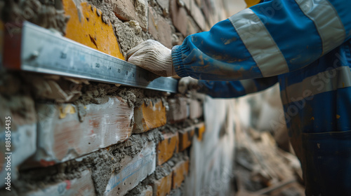 A builder in a blue uniform and white gloves measures the evenness of a brick wall with a level photo