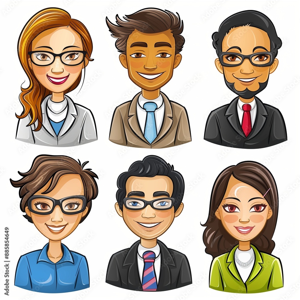 Professional Cartoon Avatars of Diverse Business People in Formal Attire Professional Cartoon Avatars of Diverse Business People in Formal Attire