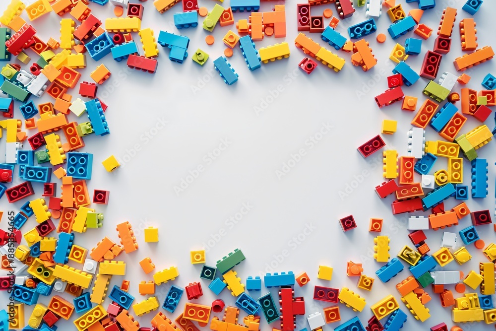 White background, white space in the center of picture. A pile of colorful blocks scattered all over the place White background, white space in the center of picture. A pile of colorful blocks scattered all over the place