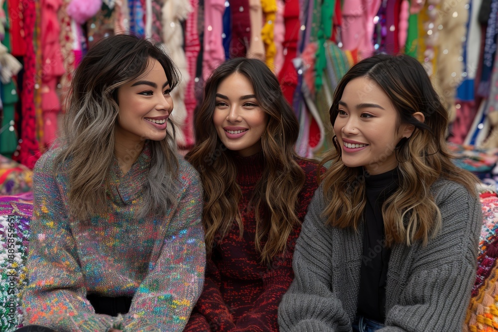 Three Women Sitting Together In Front Of Colorful Decorations Three Women Sitting Together In Front Of Colorful Decorations