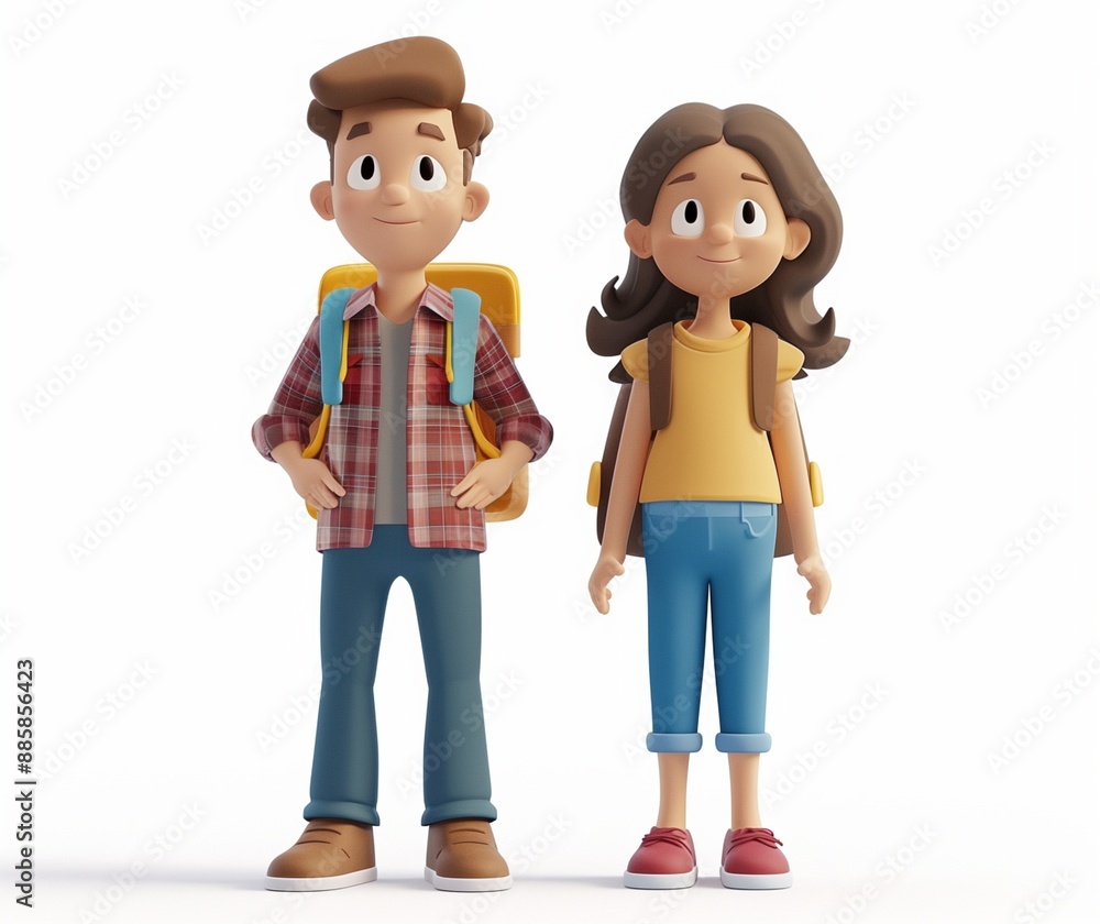 3D Illustration of Two Happy Kids with Backpacks Ready for School or Adventure: Crisp Cartoon Style 3D Illustration of Two Happy Kids with Backpacks Ready for School or Adventure: Crisp Cartoon Style