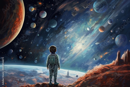 A child in a spacesuit gazes out over a fantastical space landscape with numerous planets and stars visible in the sky.